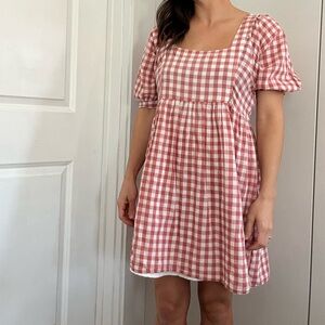 ASOS Gingham Squareneck Flowy Mini Dress with Puff Sleeve and Side Zipper Size 8